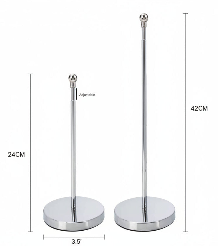 Chrome paper towel holder with adjustable length on a white background