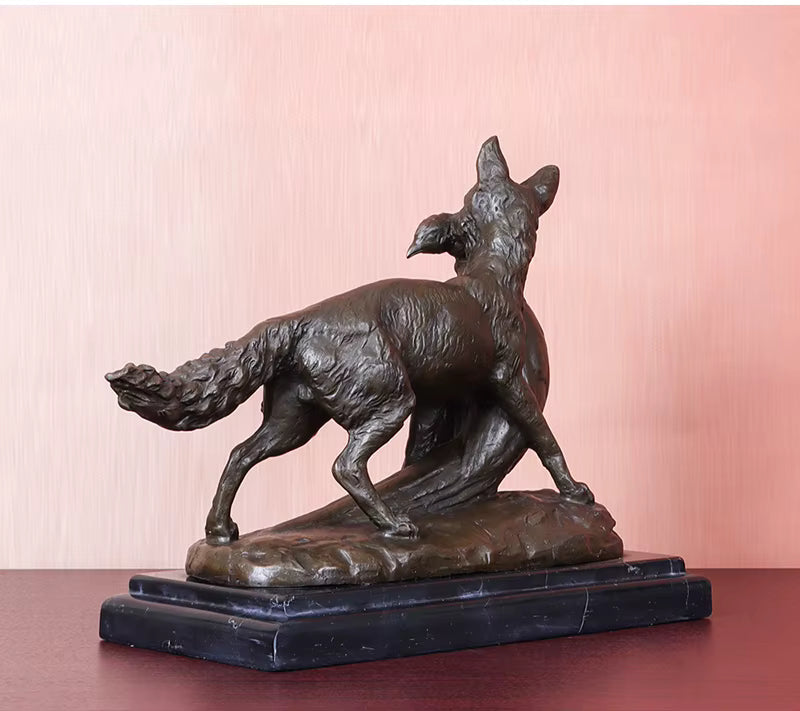 Bronze Fuchs Jagd Huhn Statue mit Marmorsockel – Wildtier-Skulptur für Zuhause, Wohnzimmer, Bürodekoration