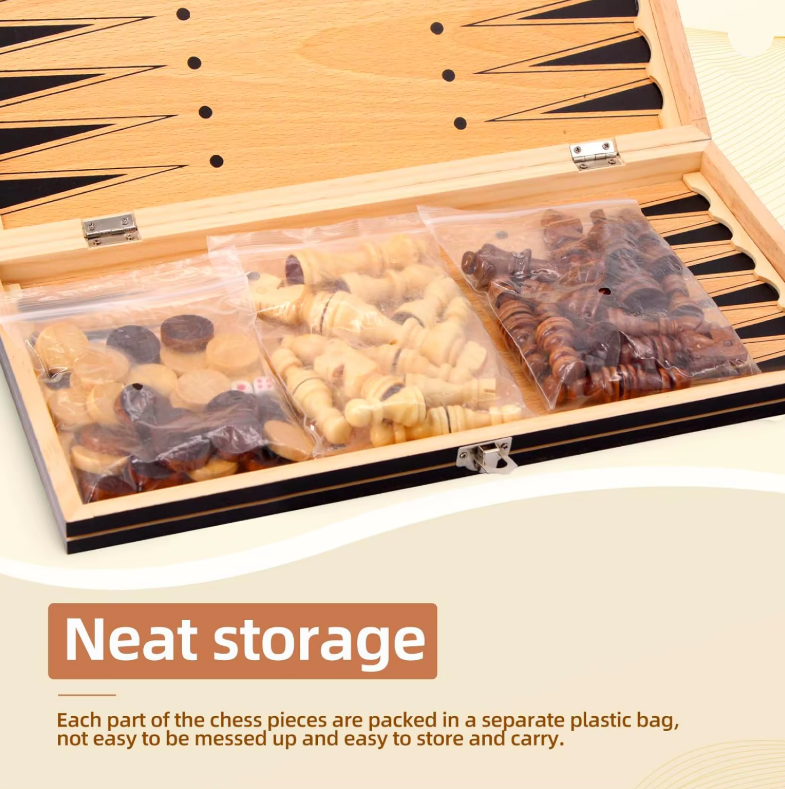 Opvouwbare 3-in-1 Houten Schaakset met Magnetisch Bord – Schaak, Dammen & Backgammon Reisspel (Meerdere Maten) van LevarJewelz