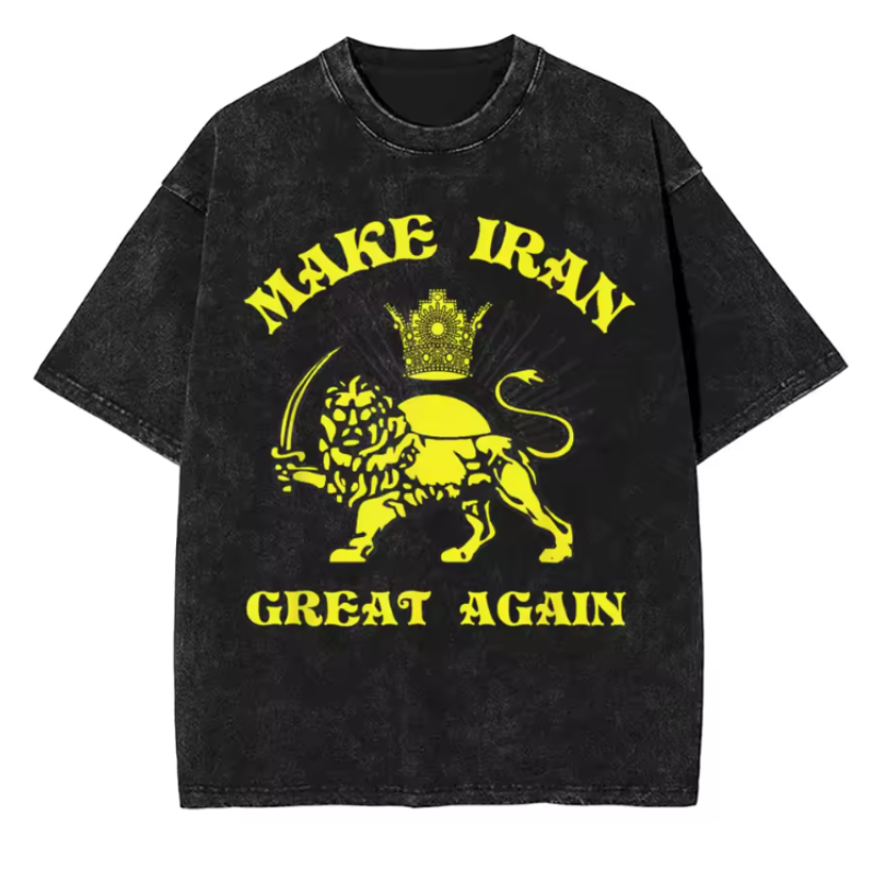 Black t-shirt with yellow graphic and text on a white background