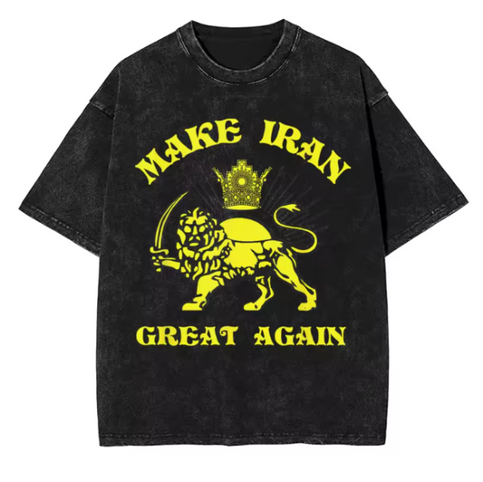 Black t-shirt with yellow graphic and text on a white background