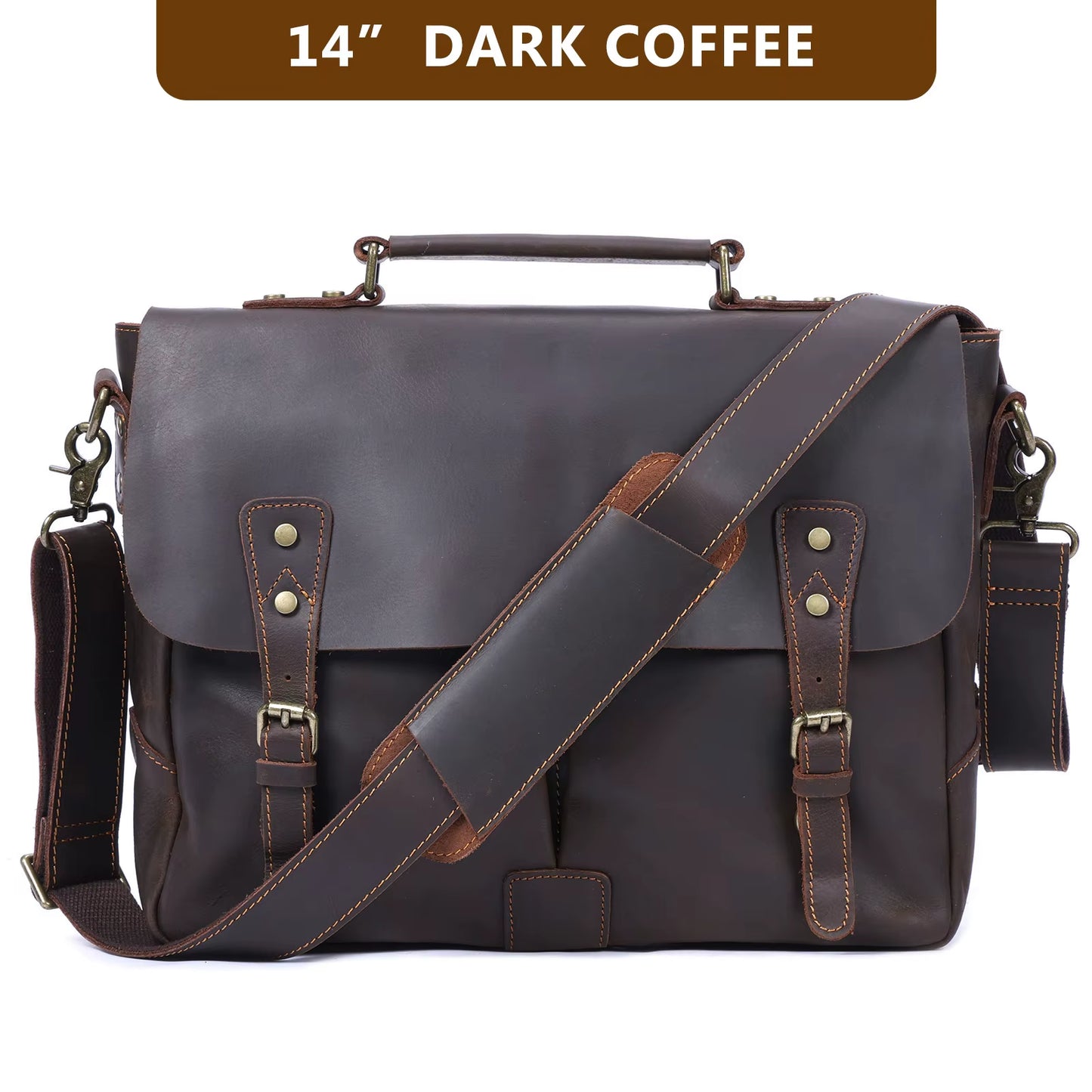 Dark coffee-colored leather satchel bag with shoulder strap on a white background