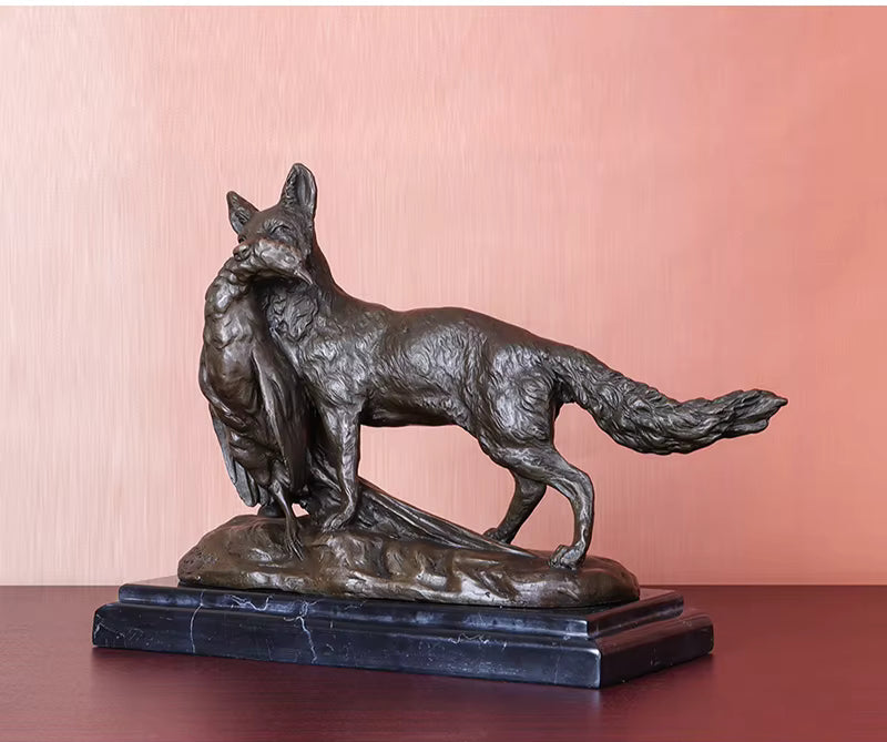 Bronze Fuchs Jagd Huhn Statue mit Marmorsockel – Wildtier-Skulptur für Zuhause, Wohnzimmer, Bürodekoration