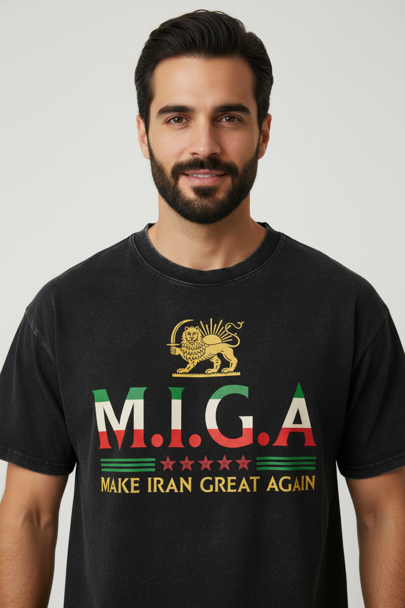 Black t-shirt with 'M.I.G.A. Make Iran Great Again' text and lion emblem on a white background