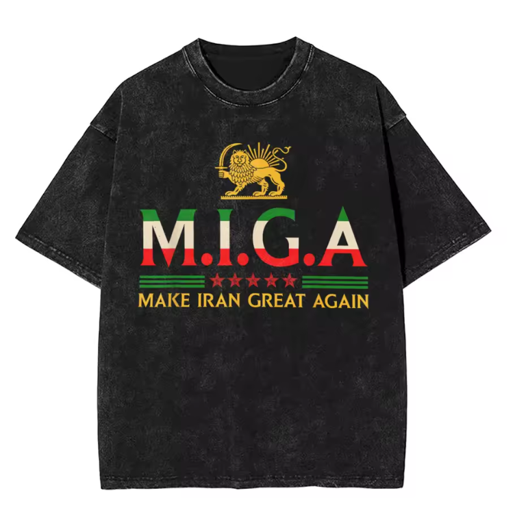 Black t-shirt with 'M.I.G.A. Make Iran Great Again' text and lion emblem on a white background