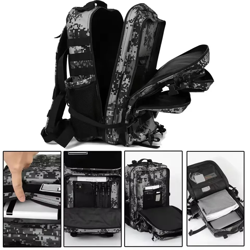 Digital camouflage backpack with multiple compartments and features on a white background