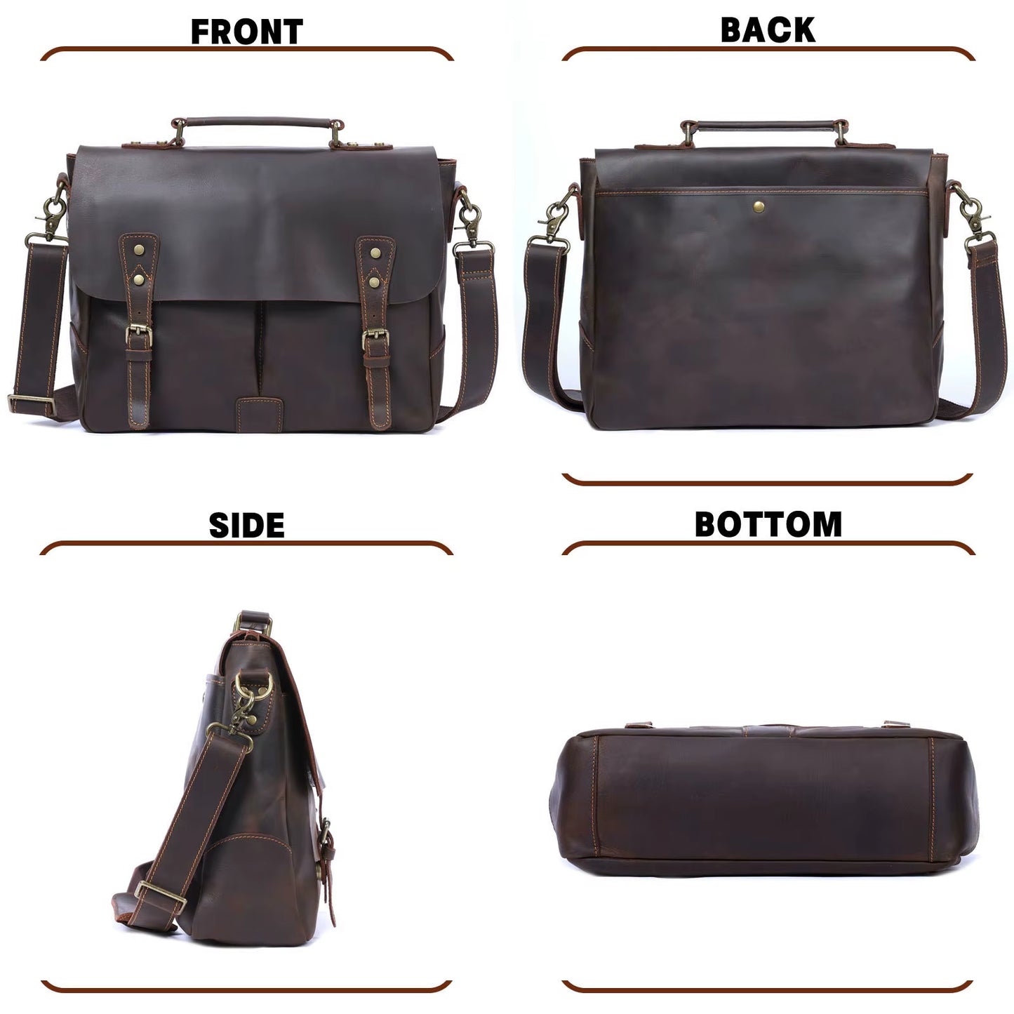 Brown leather bag shown from front, back, side, and bottom angles on a white background.