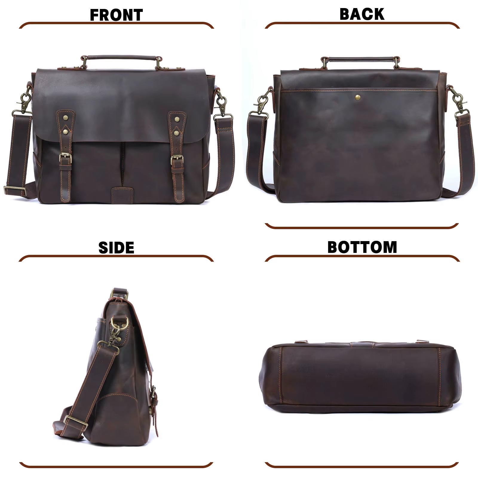 Brown leather bag shown from front, back, side, and bottom angles on a white background.