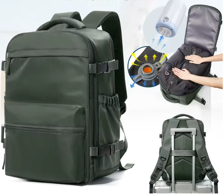 Green backpack with vacuum compression feature on a white background