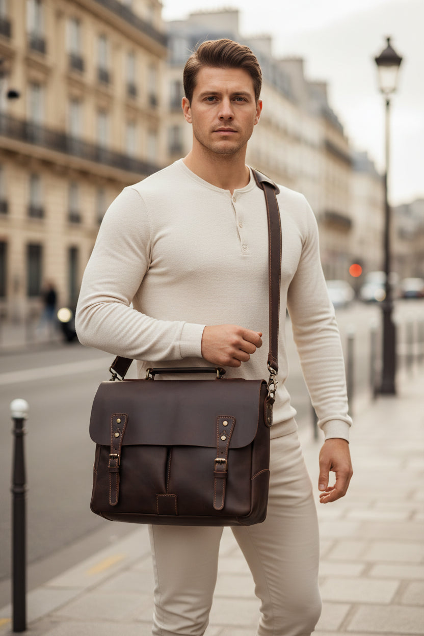 Brown leather bag shown from front, back, side, and bottom angles on a white background.