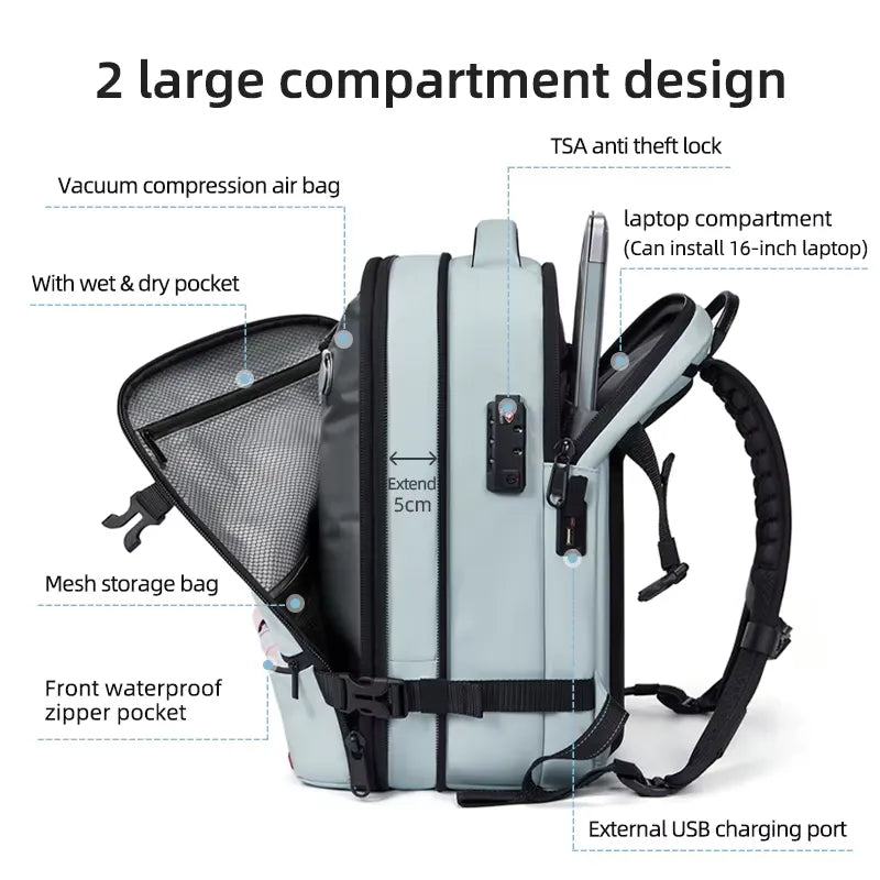 Vacuüm Compressie Rugzak 16 Inch Laptoptas, Uitbreidbare 40L Reistas met USB Opladen, Waterdicht voor Ryanair Gratis Handbagage | LevarJewelz