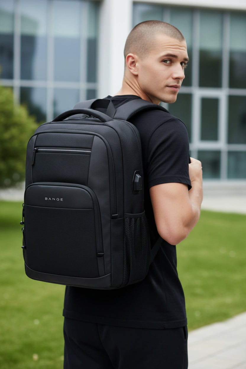Black backpack with USB port and smartphone charging illustration on a white background