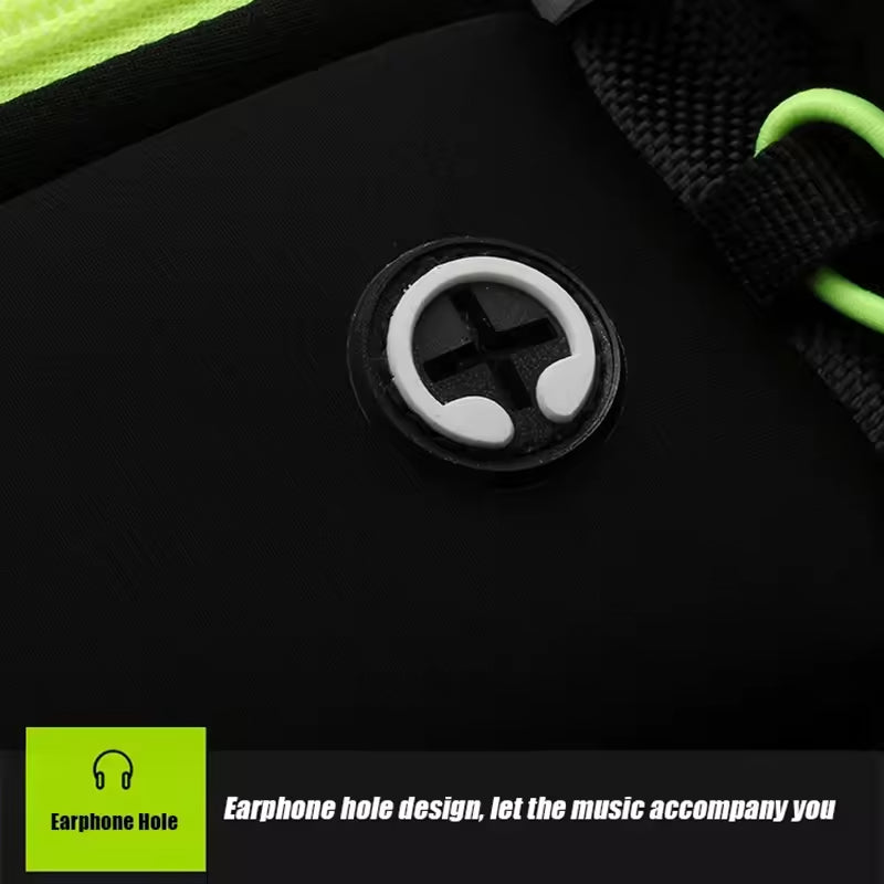 Close-up of a black bag with an earphone hole design, featuring a green label on a dark background.