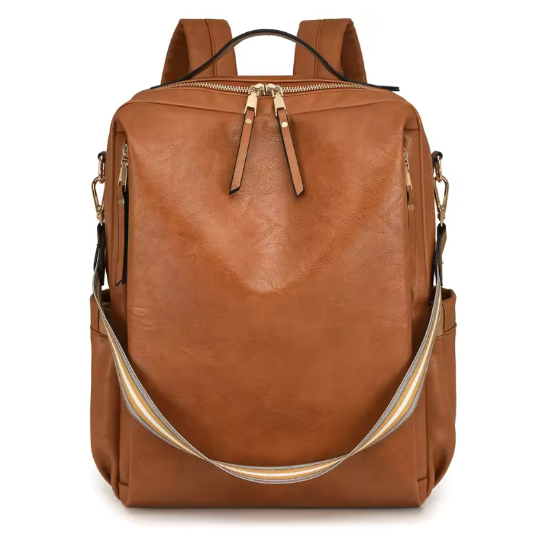 Brown leather backpack with gold zipper on a white background