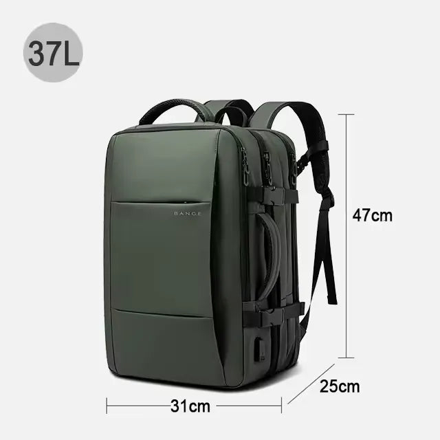 Green backpack with dimensions and capacity label on a white background