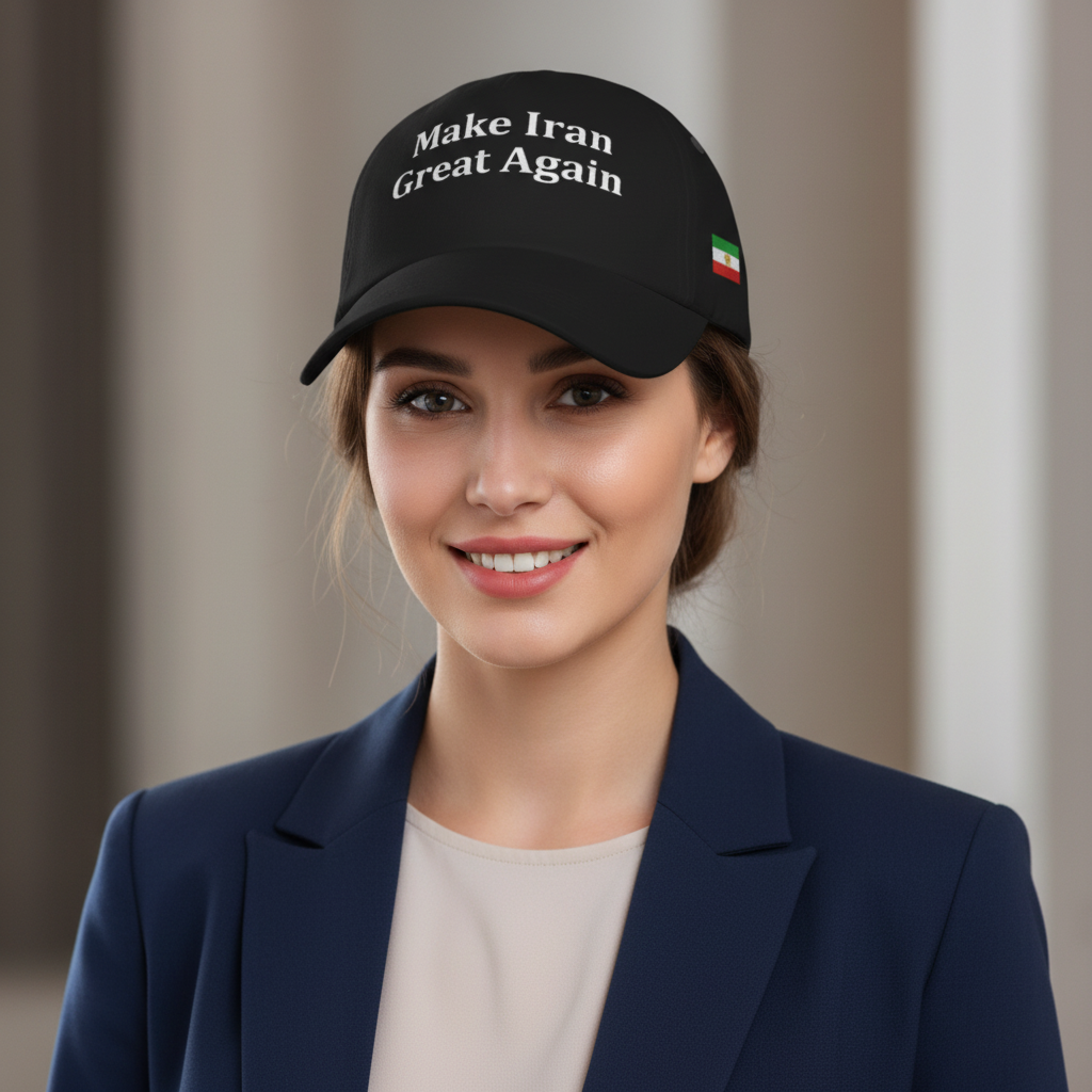 Woman wearing a black cap with 'Make Iran Great Again' text and a flag design.