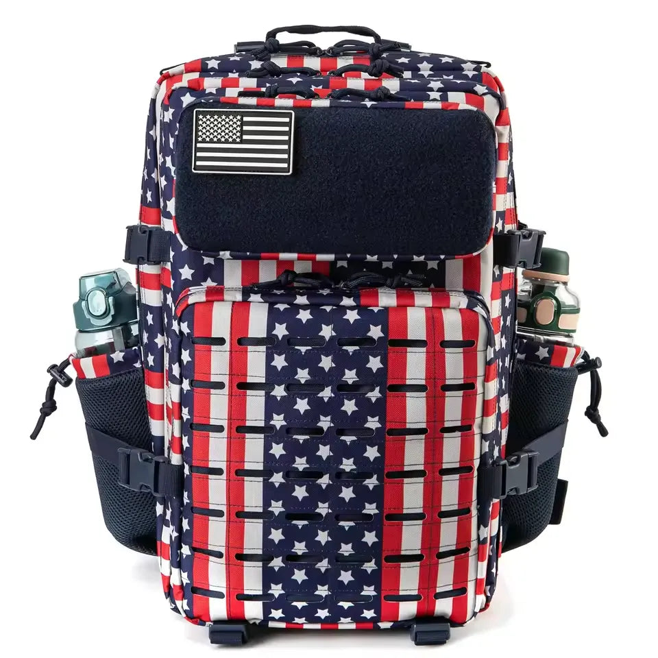 Backpack with American flag design on a white background