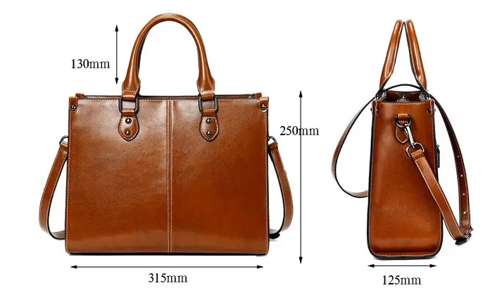 Brown leather handbag with measurements on a white background