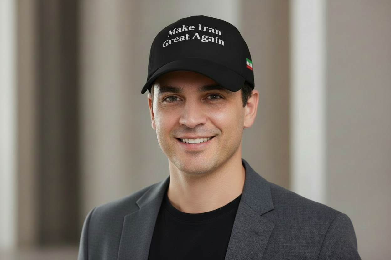 Man wearing a black cap with 'Make Iran Great Again' text and a flag design.