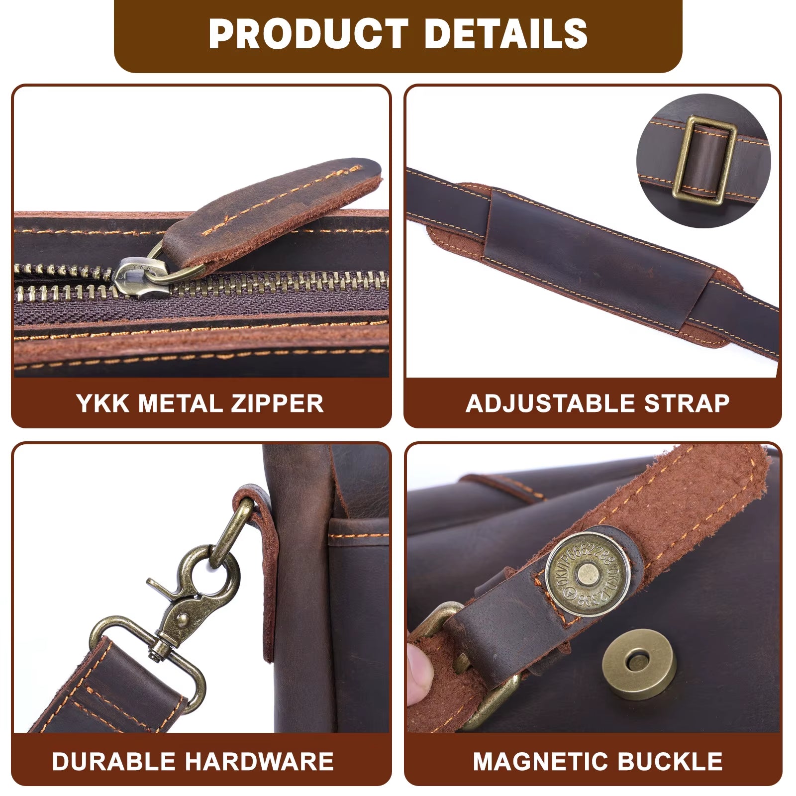 Product details of a leather bag with YKK metal zipper, adjustable strap, durable hardware, and magnetic buckle.
