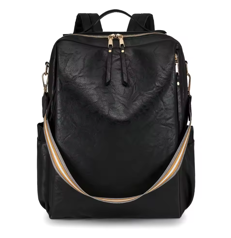 Black backpack with gold zipper pulls on a white background