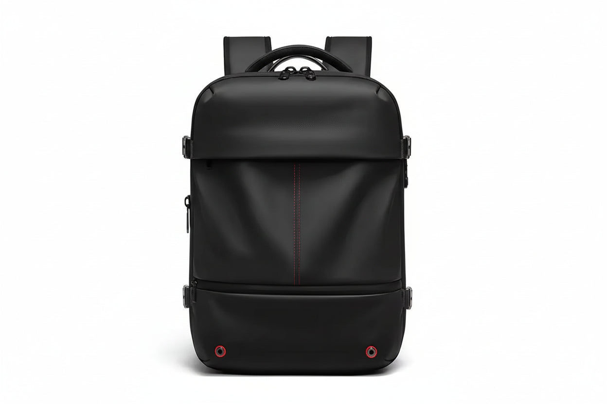Black backpack with red stitching on a white background