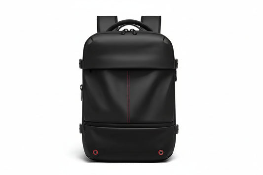 Black backpack with red stitching on a white background