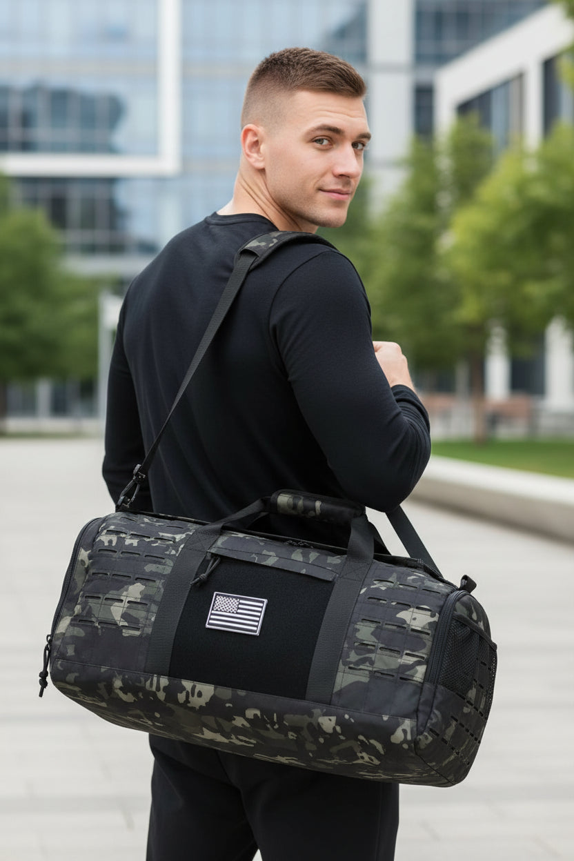 Camouflage duffel bag with American flag patch on a white background