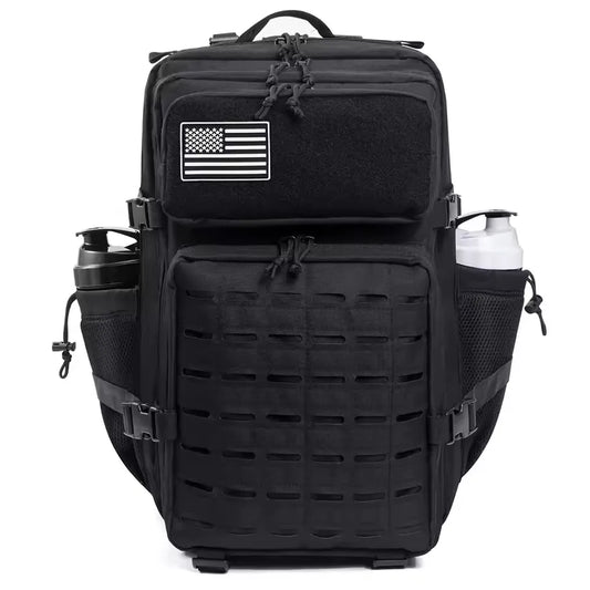 Black tactical backpack with American flag patch on a white background