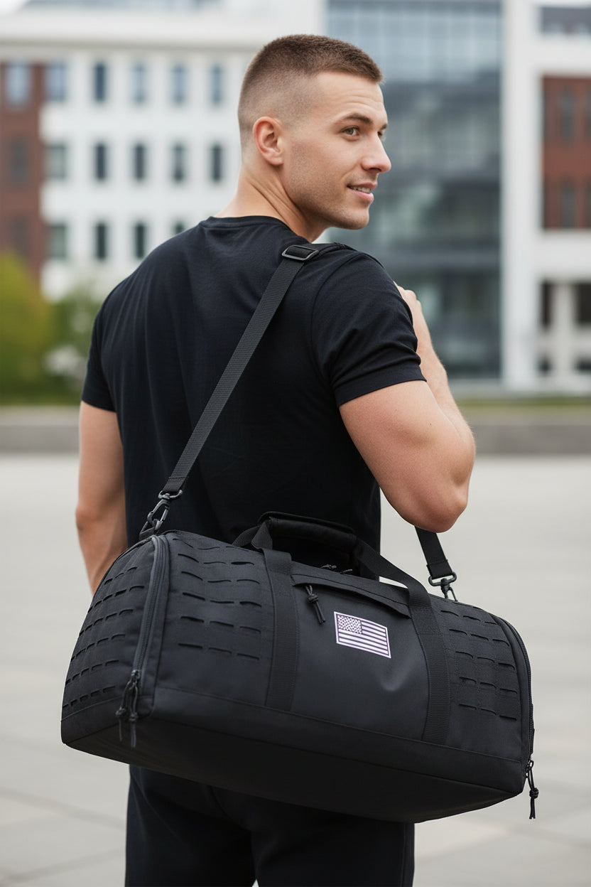 Black tactical duffel bag with American flag patch on a white background