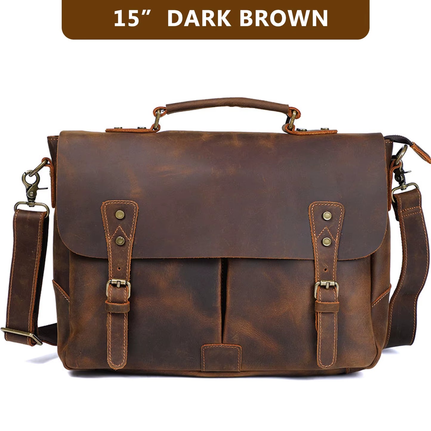 Dark brown leather briefcase with shoulder strap on a white background