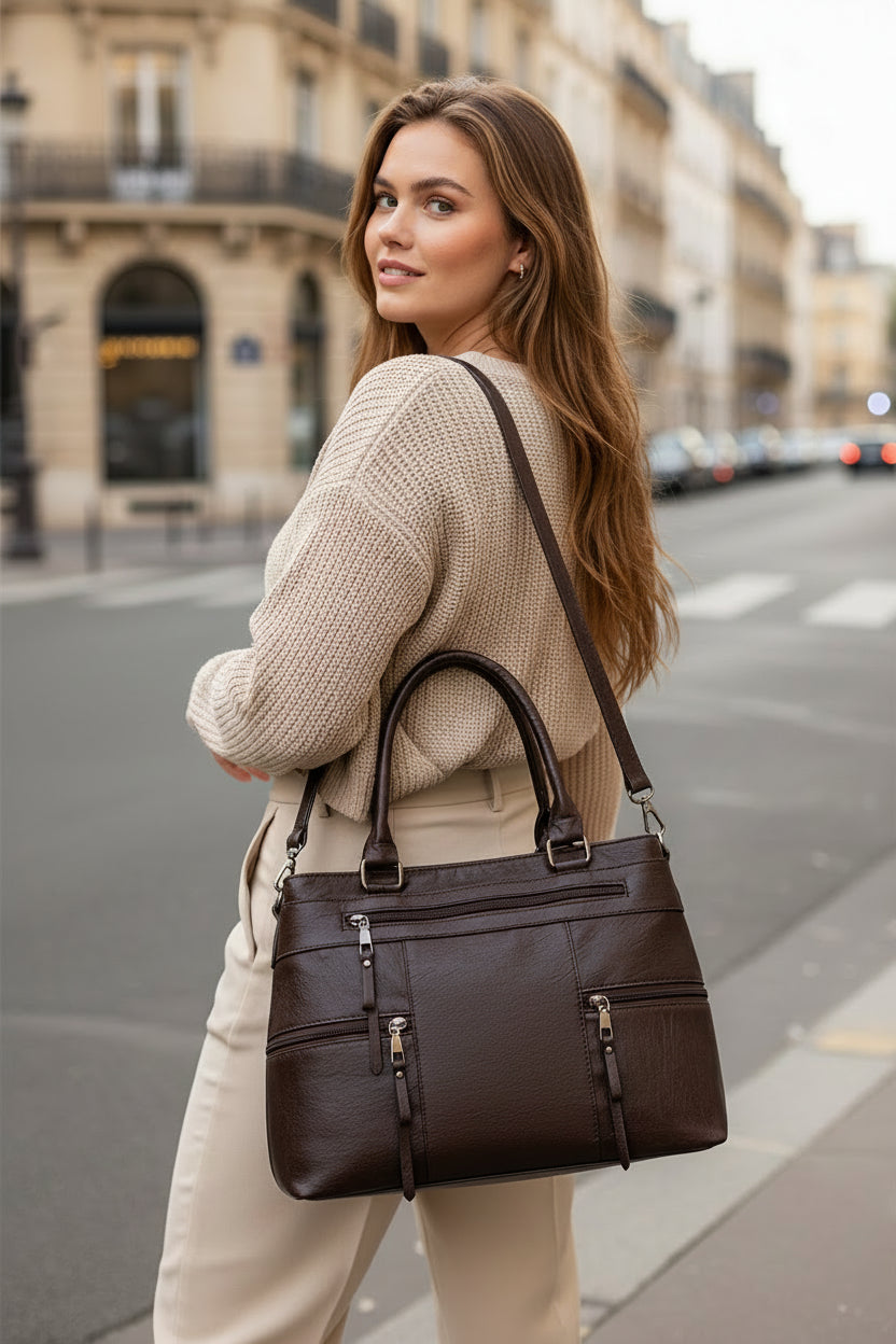 Brown leather handbag with multiple pockets and straps on a white background