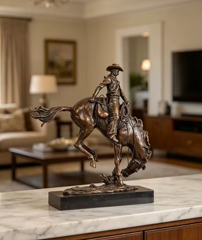 Bronze Western Cowboy Reiterstatue Skulptur – Bronze-Kunst im Frederic Remington Stil für Heim- und Bürodekoration
