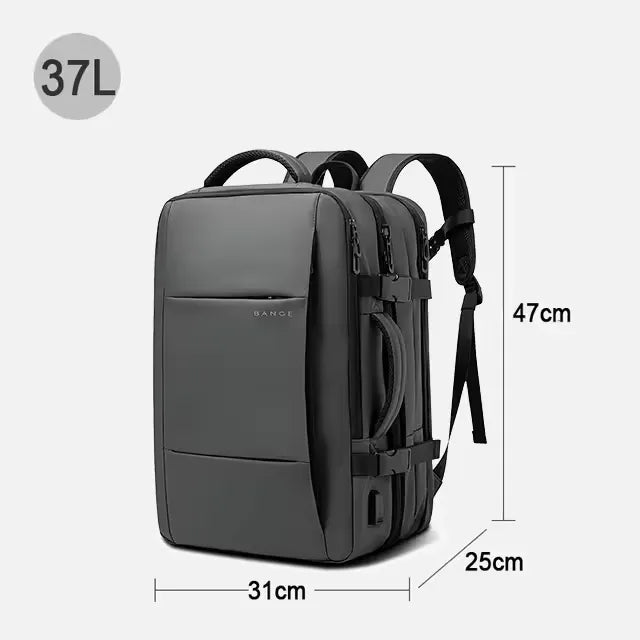 Gray backpack with measurement details on a white background
