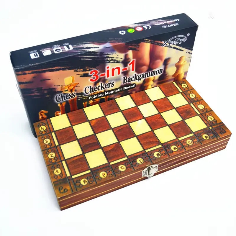Opvouwbare 3-in-1 Houten Schaakset met Magnetisch Bord – Schaak, Dammen & Backgammon Reisspel (Meerdere Maten) van LevarJewelz