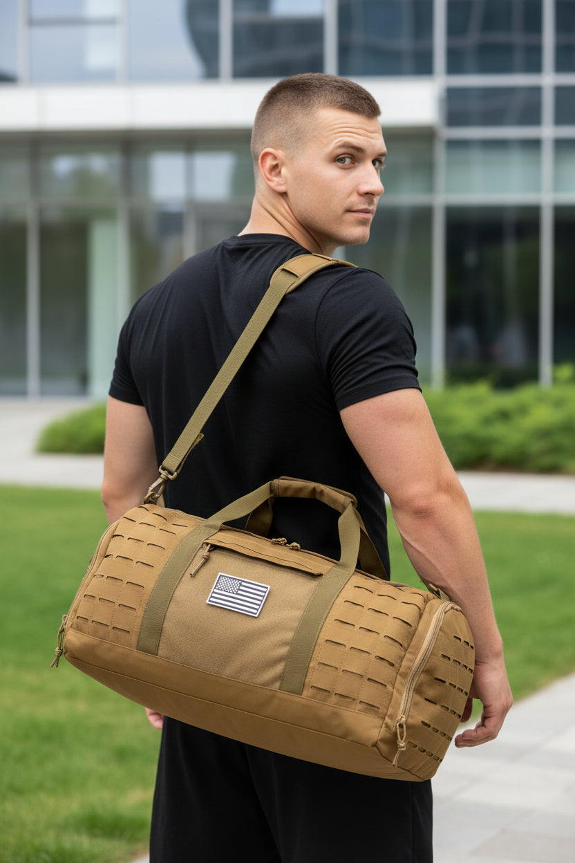 Tan tactical duffel bag with American flag patch on a white background