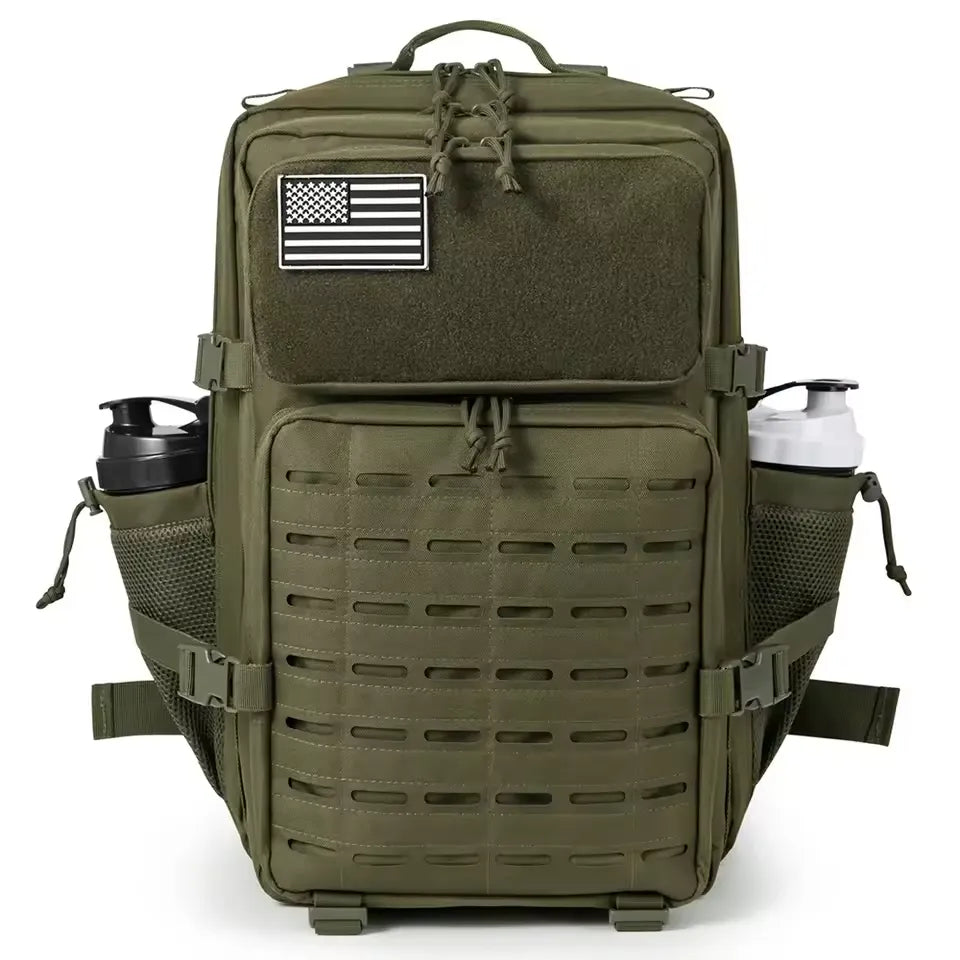 Green tactical backpack with American flag patch on a white background