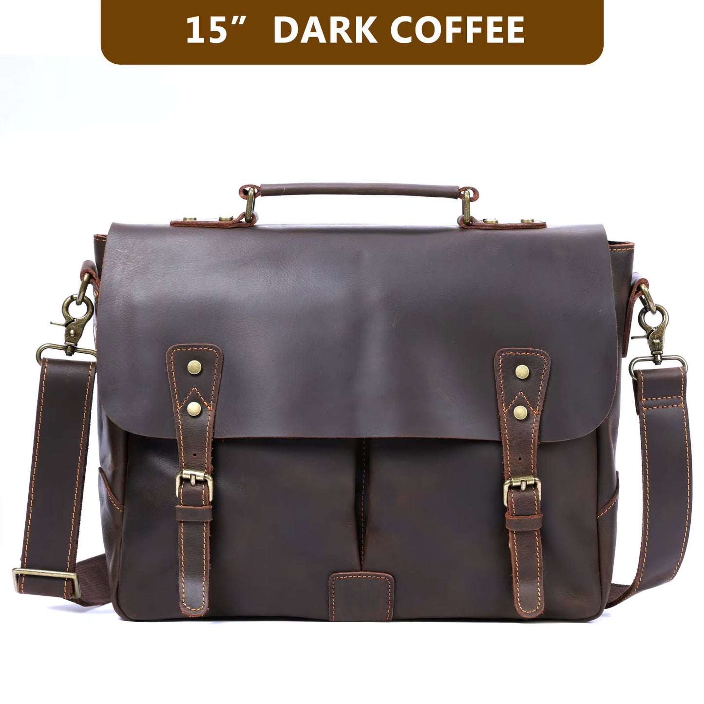 Dark brown leather briefcase with gold accents on a white background