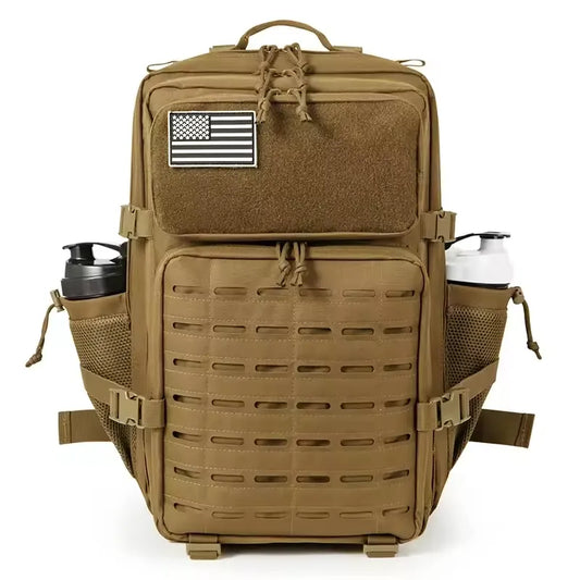 Tan tactical backpack with American flag patch on a white background
