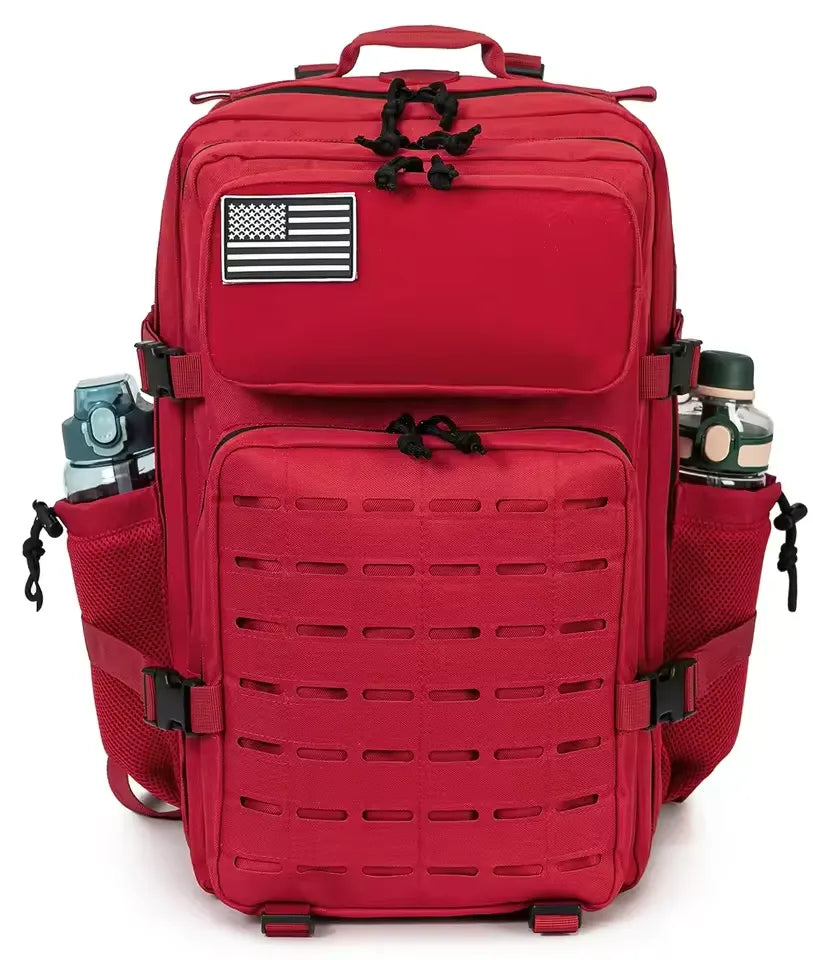 Red tactical backpack with American flag patch on a white background