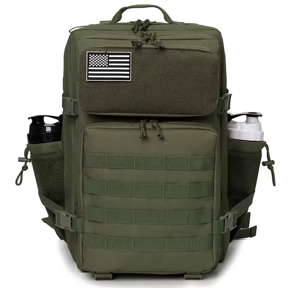 Green tactical backpack with American flag patch on a white background