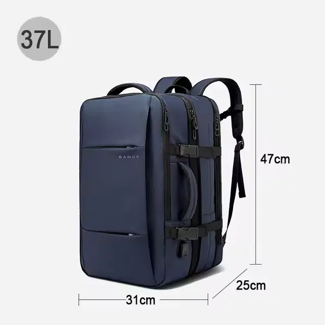 Blue backpack with dimensions and brand name on a white background
