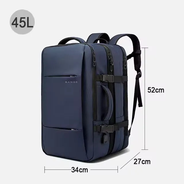 Blue backpack with dimensions and capacity label on a white background
