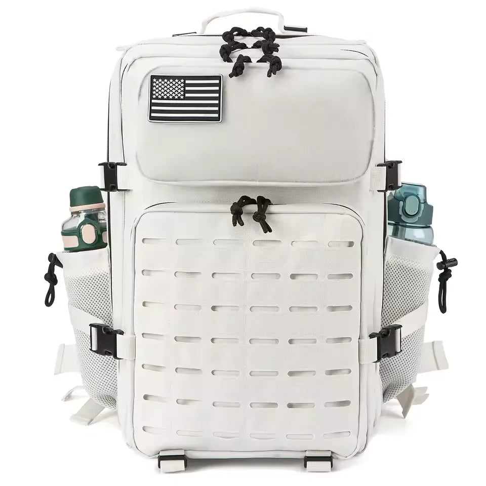 White tactical backpack with water bottle holders on a white background