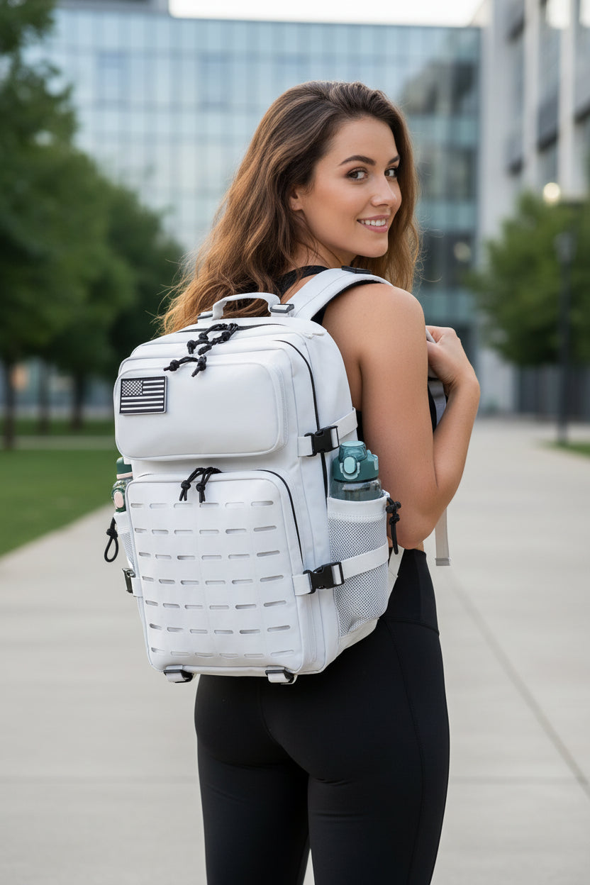 White tactical backpack with water bottle holders on a white background