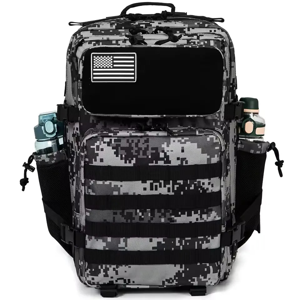 Digital camouflage backpack with American flag patch on a white background