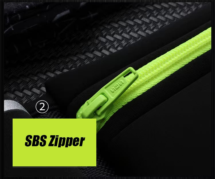 Close-up of a green zipper on a black textured background with 'SBS Zipper' text.
