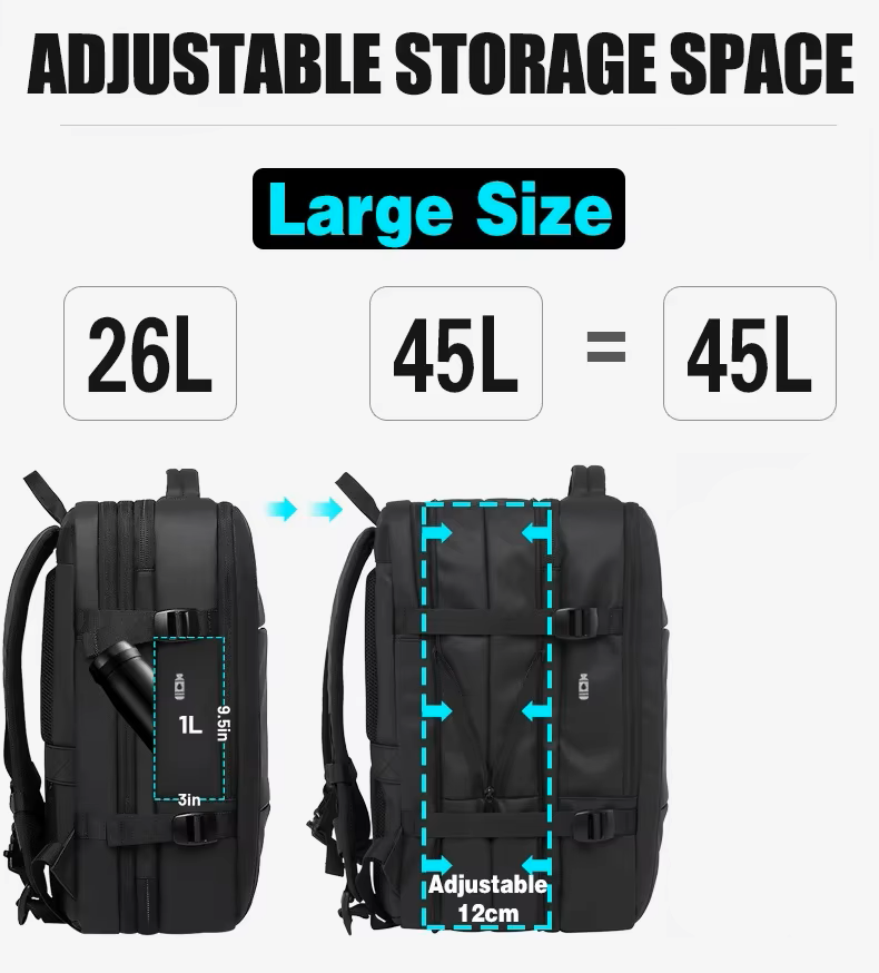 Uitbreidbare reis- en zakenlaptoprugzak met USB-oplaadpoort - Waterdichte rugzak met grote capaciteit voor 17,3" laptop (45L / 37L)