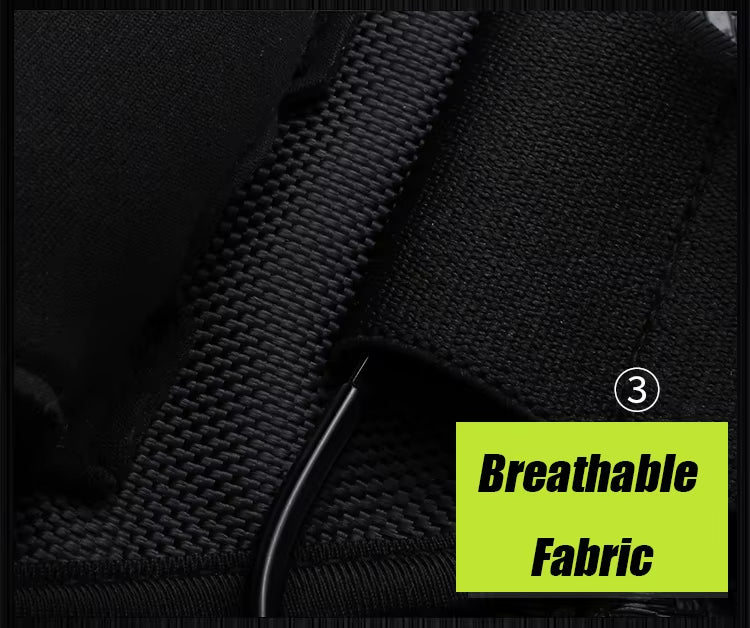 Close-up of black breathable fabric with a green label indicating 'Breathable Fabric'.