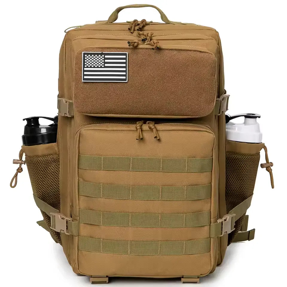 Tan tactical backpack with American flag patch on a white background